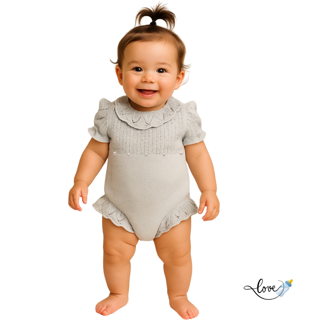 Romper Macaquinho Pérolas Tricô Vestido saia Jardineira body Bebê enxoval Maternidade Cinza