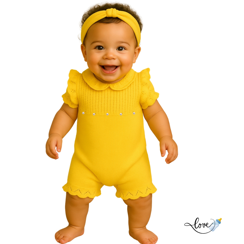Romper Macaquinho Pérolas Tricô Vestido saia Jardineira body Bebê enxoval Maternidade Amarelo