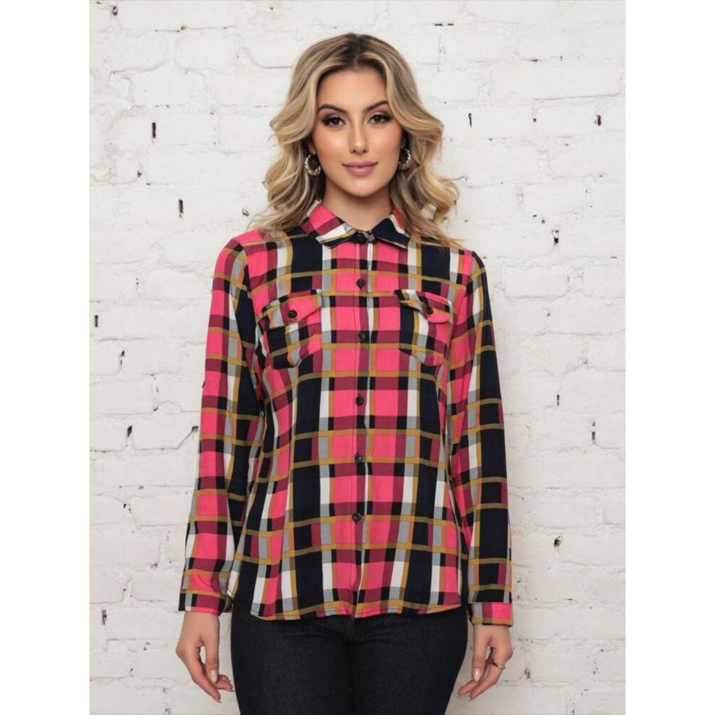 Camisa Xadrez Plus Size Manga Longa Tecido Viscose Forma pequena Moda Feminina em Oferta na Shopee