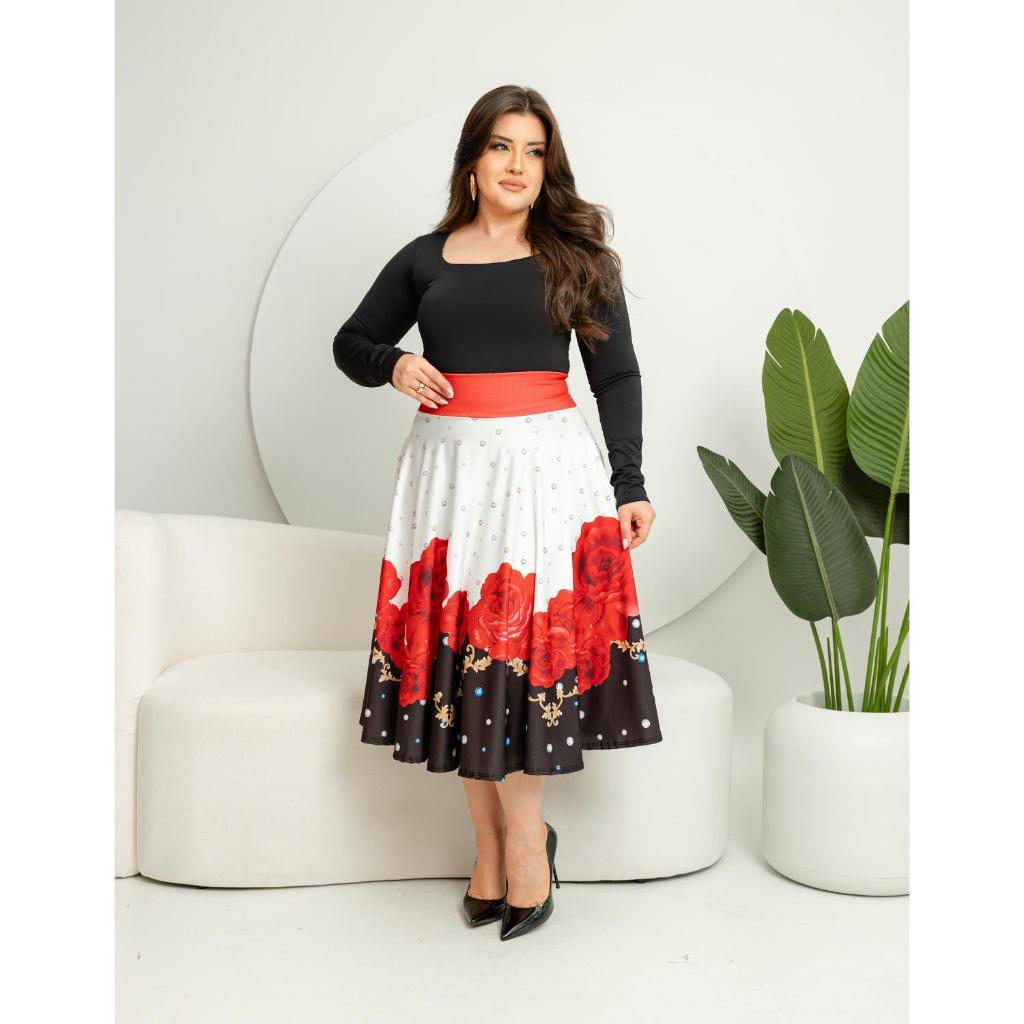 Saia Midi Godê Vermelha Florida Moda Feminina Cristã REF 05