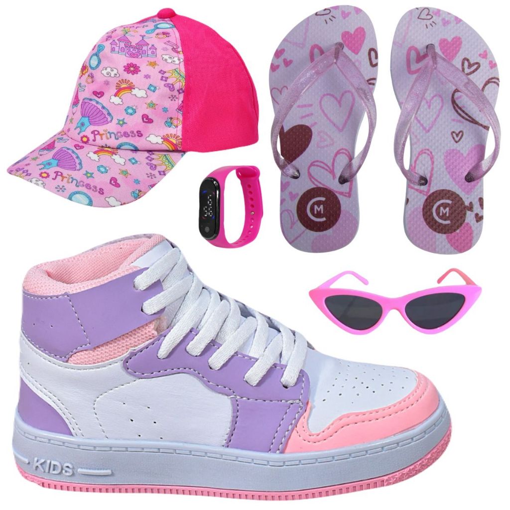 Tênis Infantil Feminino Botinha Cano Alto Meninas Escolar Confortável + Óculos Relógio Boné Chinelo em Oferta na Shopee