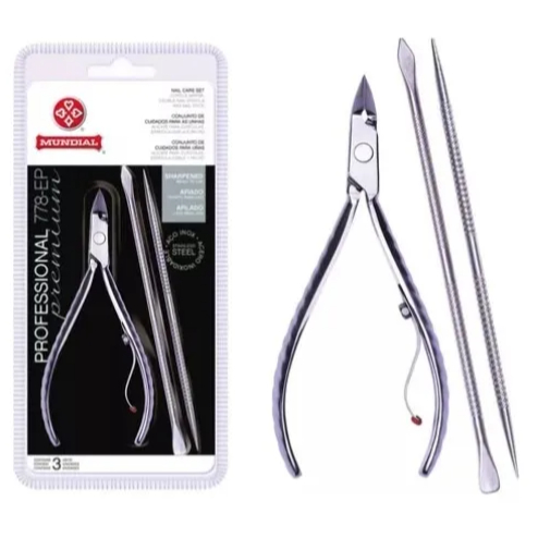 Alicate Cutícula Mundial 778ep com Palito e Empurrador Inox Mundial Original Manicure