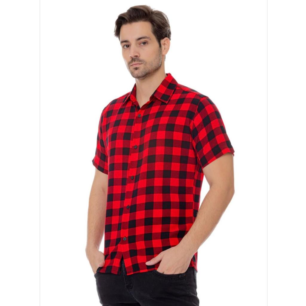Camisa Social Estampada xadrez Masculina Manga Curta Festa Junina Plus Size 2026