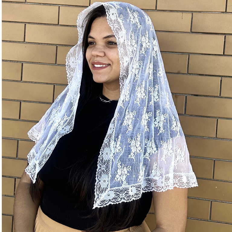 Véu Católico Branco Renda Francesa Missa Adoração Modelo Sancta Dei Genetrix em Oferta na Shopee