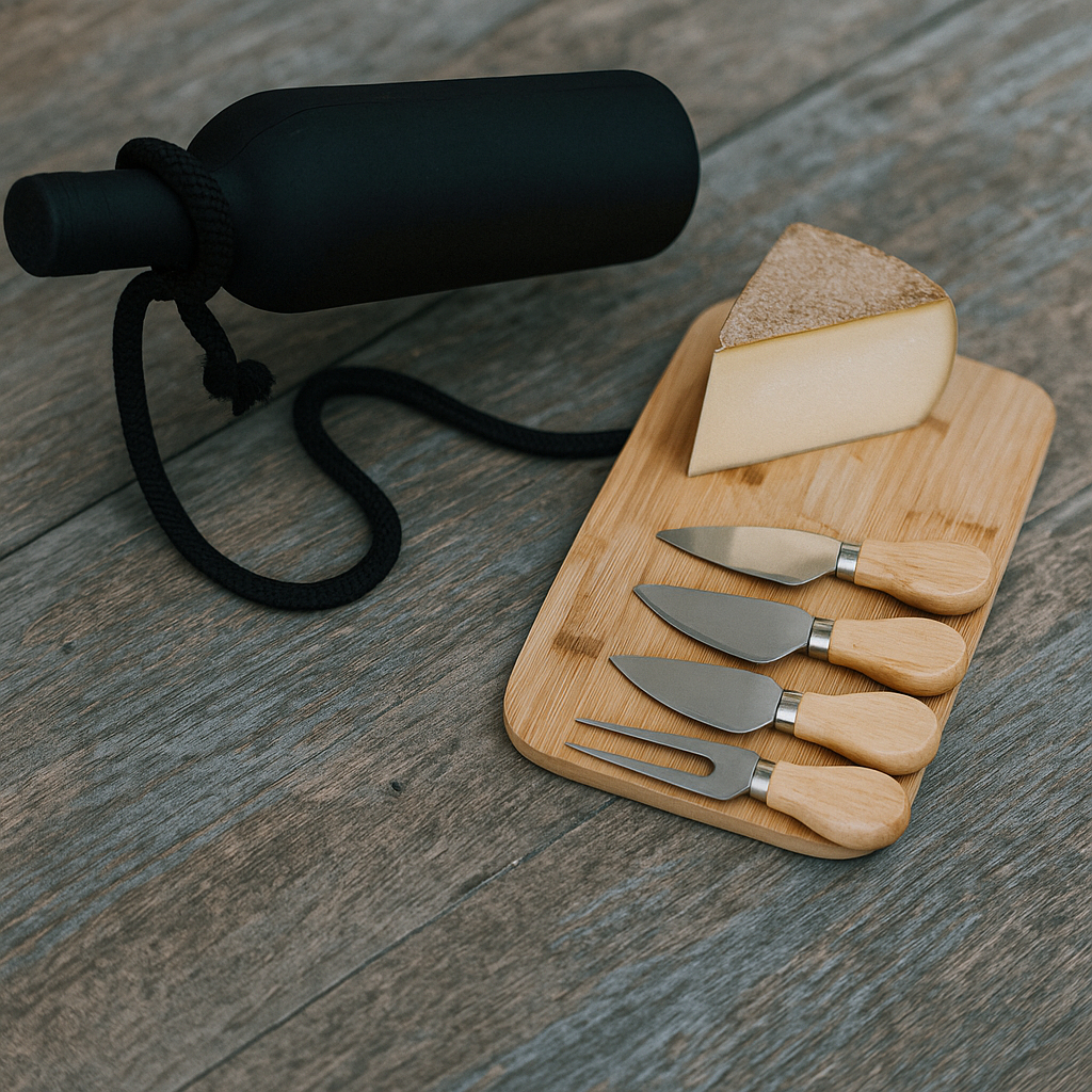 Suporte para Garrafa de Vinho + Conjunto Utensílios para Tábua de Frios 4 Peças de Madeira e Aço