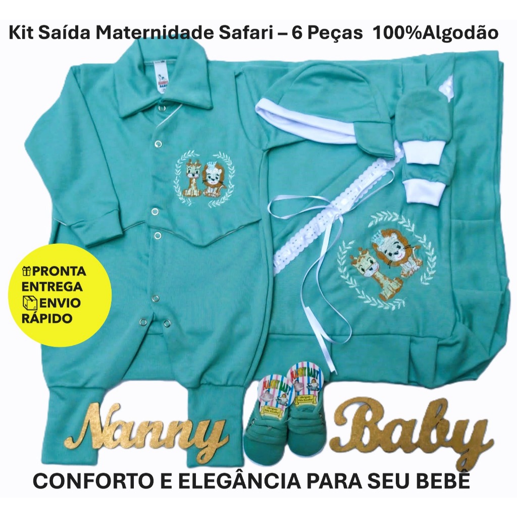 Saída Maternidade Masculino Luxo I Kit Completo 6 peças tamanho RN I Bordado Safari I 100% Algodão em Oferta na Shopee