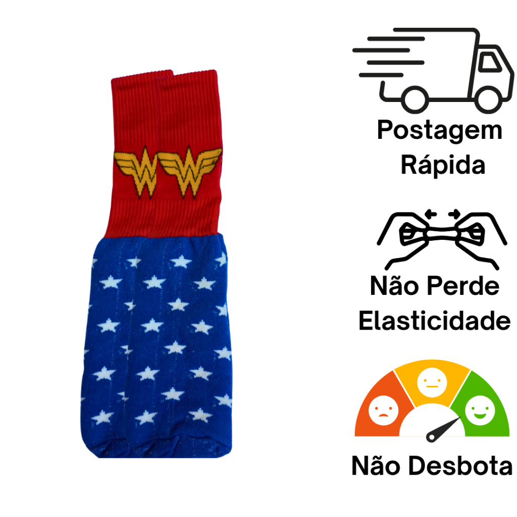 Meia Divertida Cano Longo Personagem Mulher Maravilha em Algodão em Oferta na Shopee