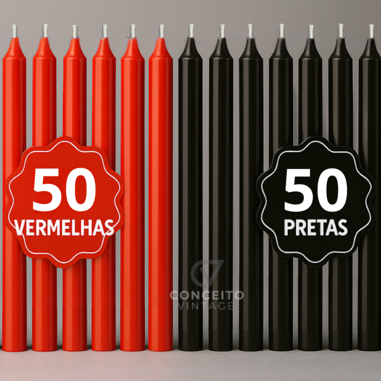 Kit Velas Coloridas Preta e Vermelha Vela Palito 16 x 1,2 cm - 100 Unidades
