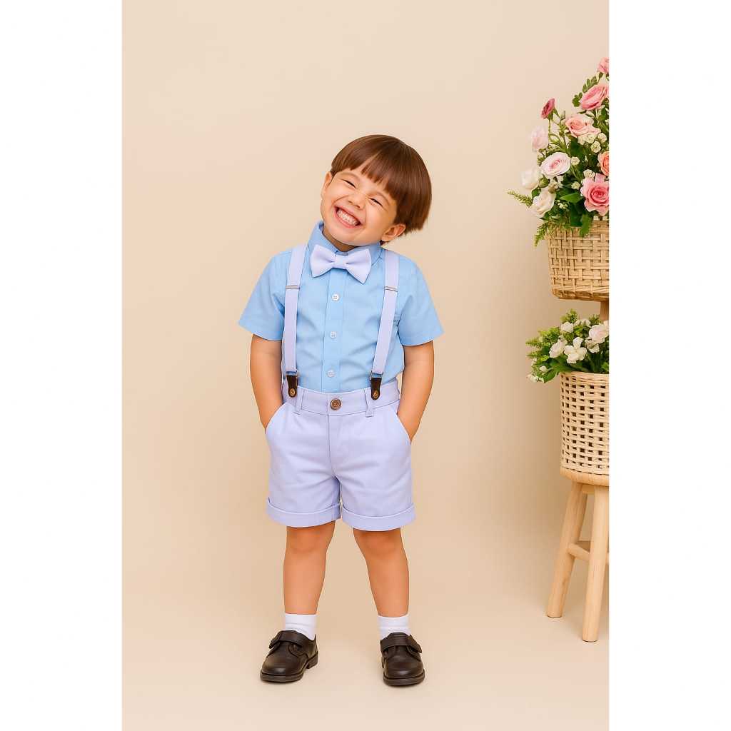 Roupa Social de Batizado Aniversário Mesversário e festas em geral Kit Bermuda, suspensório, Camisa e Gravata