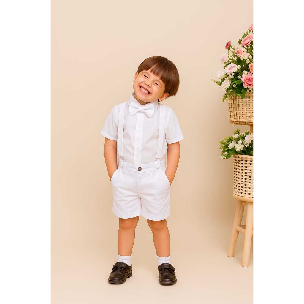Conjunto Social Kit 4 Peças Bermuda, Camisa, Gravata e Suspensório Batizado, Aniversário