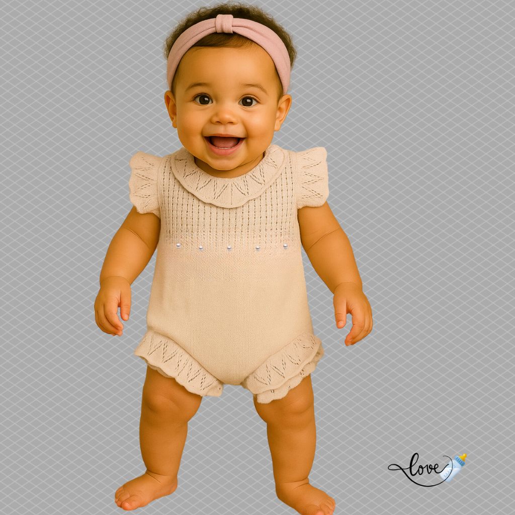 Romper Macaquinho Pérolas Tricô Vestido saia Jardineira body Bebê enxoval Maternidade Nude