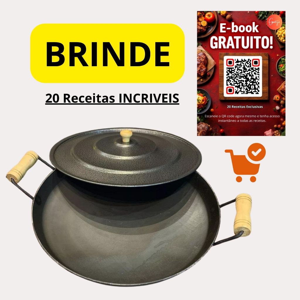 Disco chapa de arado em Aço Carbono ( Ferro + Aço) 33cm 41cm com borda 4cm e Tampa Preta com Pegador e Alças em Madeira