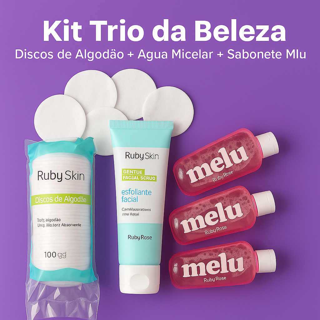 Kit Trio da Beleza – Discos de Algodão + Agua Micelar + Sabonete Melu