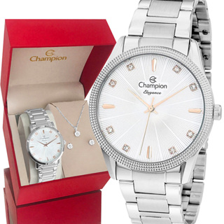Relógio Champion Feminino Prata Prova d'água com 1 ano de garantia e colar e brincos em Oferta na Shopee