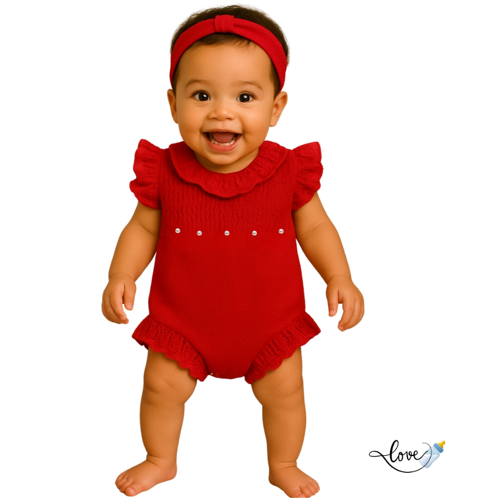 Romper Macaquinho Pérolas Tricô Vestido saia Jardineira body Bebê enxoval Maternidade Vermelho
