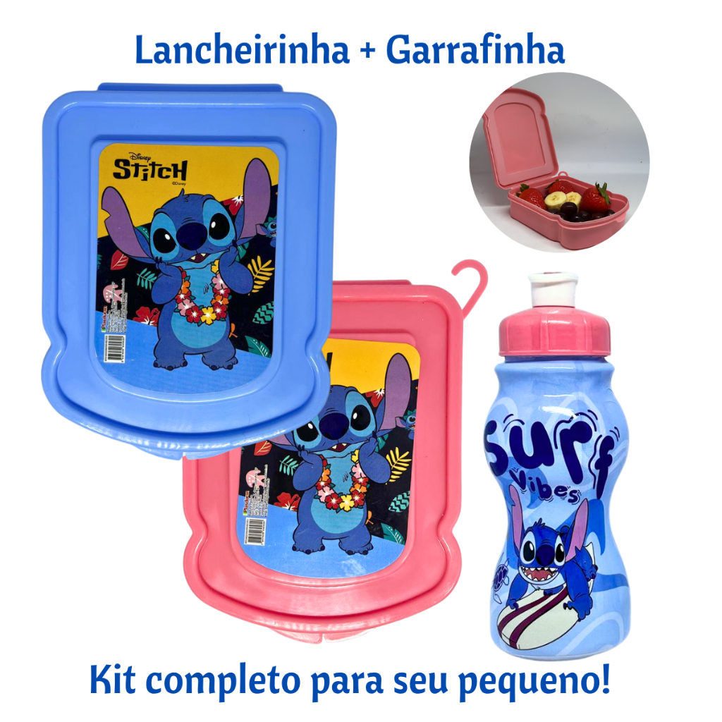 Kit Lanche Escolar Stitch Garrafa Squeeze Sanduicheira Porta Lanche Infantil
