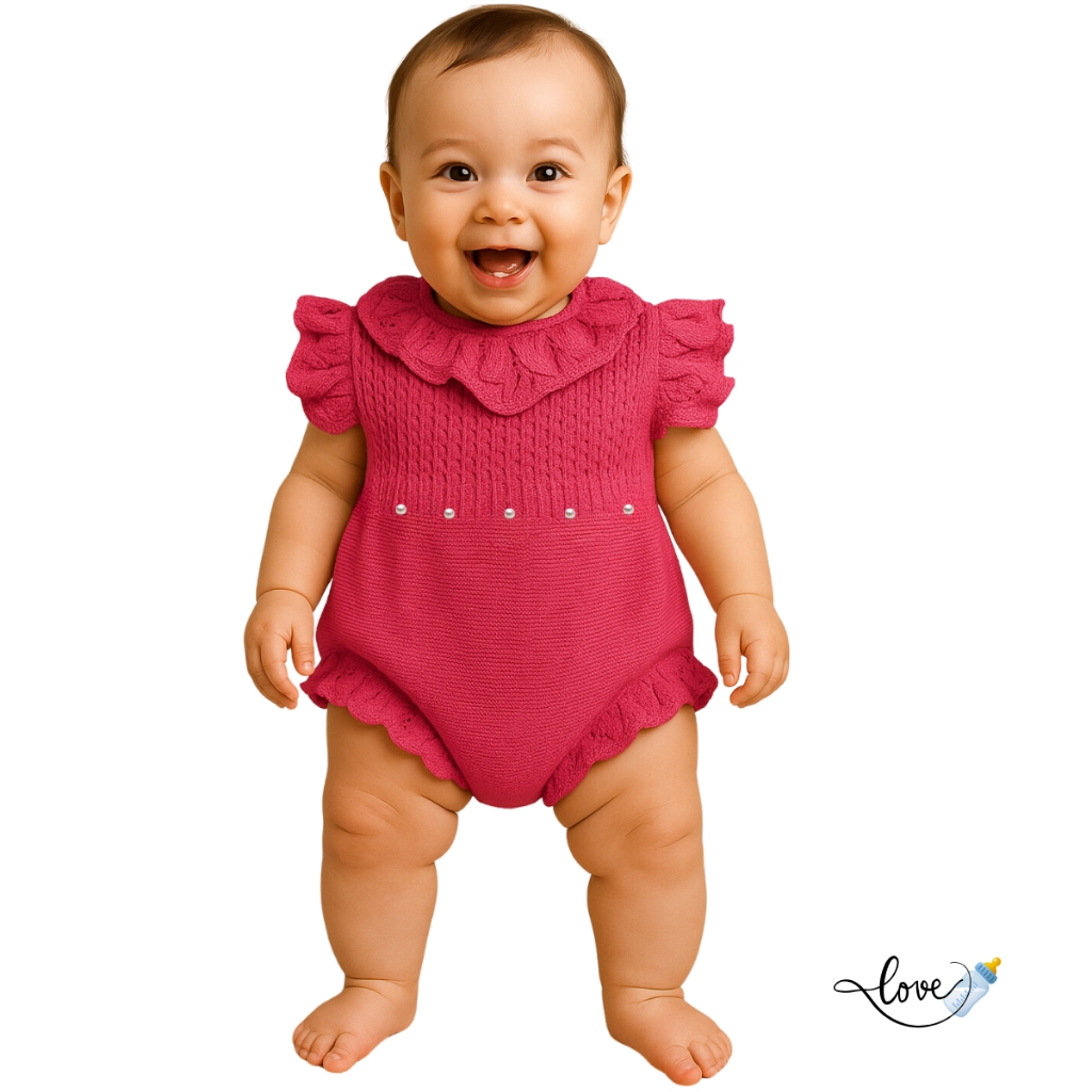 Romper Macaquinho Pérolas Tricô Vestido saia Jardineira body Bebê enxoval Maternidade Rosa shock