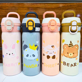 💦🐻 Garrafa de Água Térmica 350ml/500ml – Tampa flip e canudo silicone desenhos fofos para crianças cheias de energia! ⚡🎨 em Oferta na Shopee
