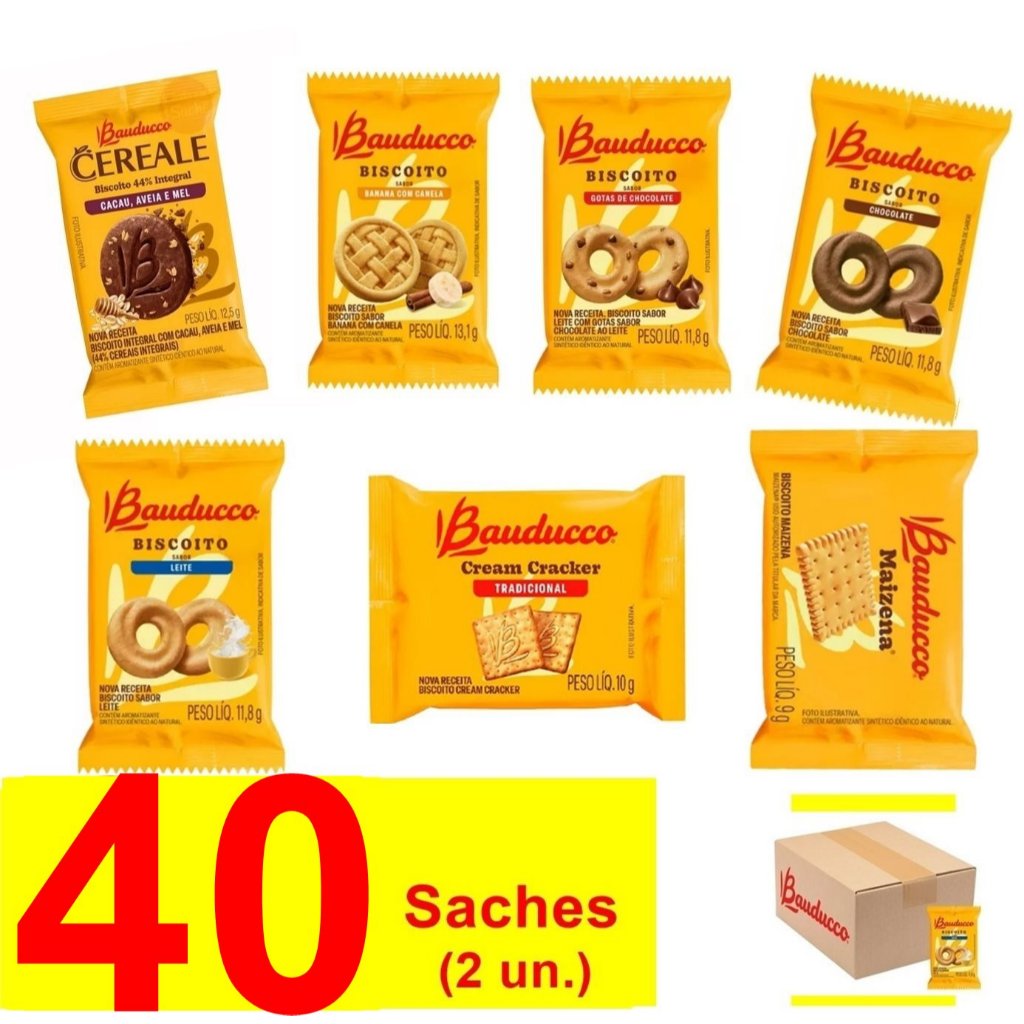 40 Un Biscoitos Amanteigados Em Sachê Mistos Bauducco Cereale Cacau Chocolate Banana Leite Gotas em Oferta na Shopee