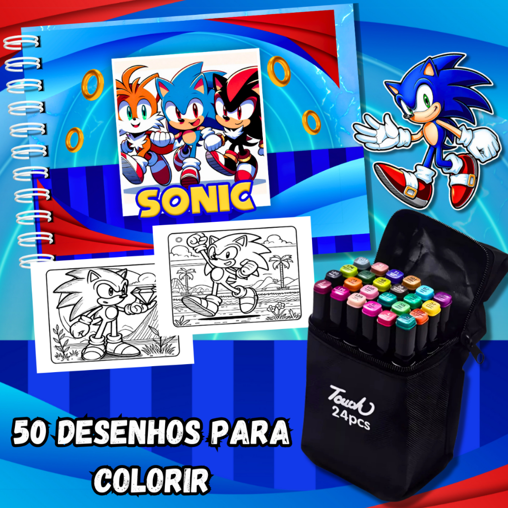 Kit Livro De Colorir  Capa Dura 50 Páginas + Canetinhas Ponta Dupla Marca Texto 24/36/48/60/80/120