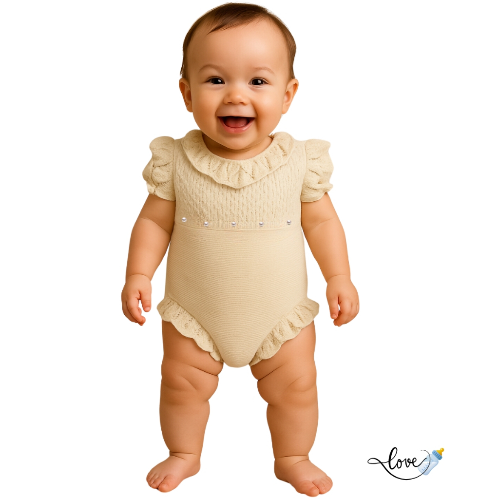 Romper Macaquinho Pérolas Tricô Vestido saia Jardineira body Bebê enxoval Maternidade Areia