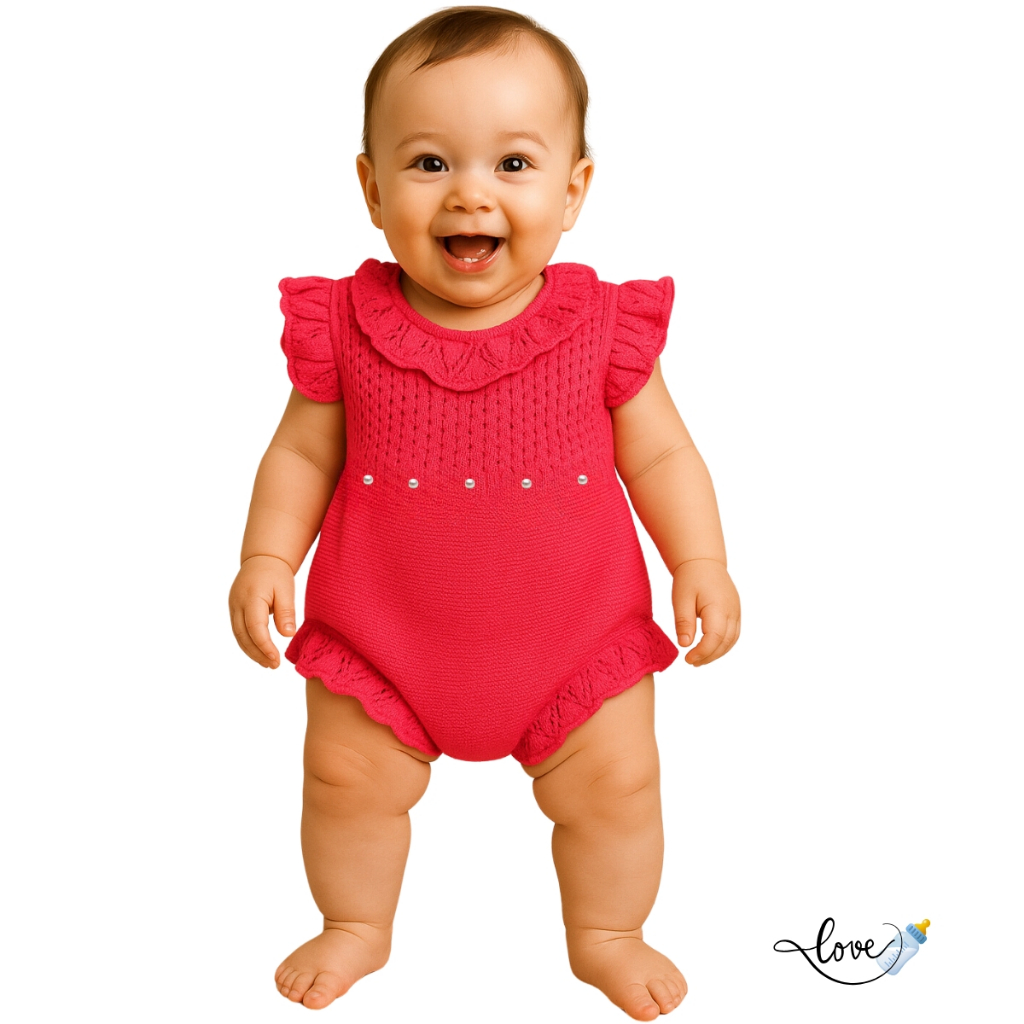 Romper Macaquinho Pérolas Tricô Vestido saia Jardineira body Bebê enxoval Maternidade Pink fluor