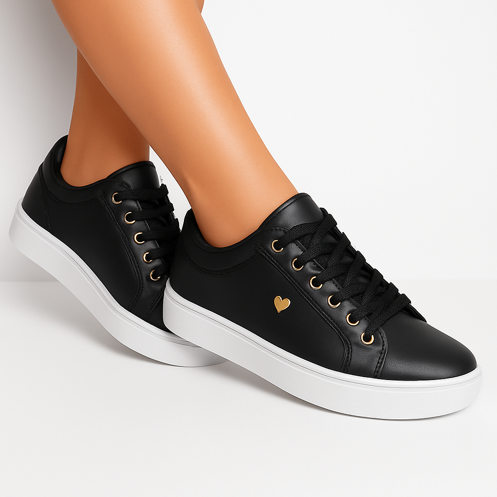 Tênis Feminino Casual Leve Confortável Para Lazer e Trabalho Sapatenis Preto e Rosa Coração Dourado