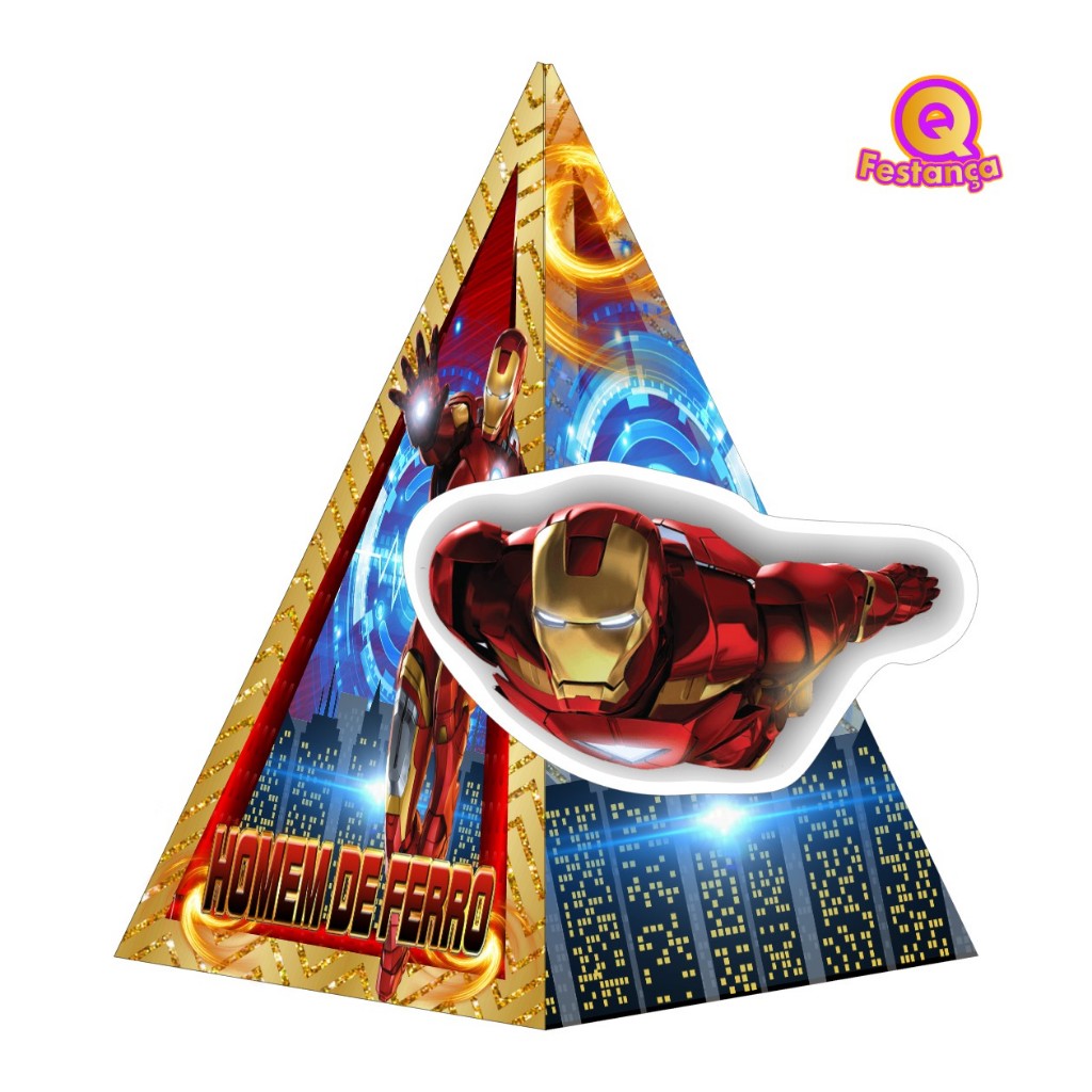 Caixa Cone Decoração Homem de Ferro com Aplique 3D - Decoração de Festa e Mesversário