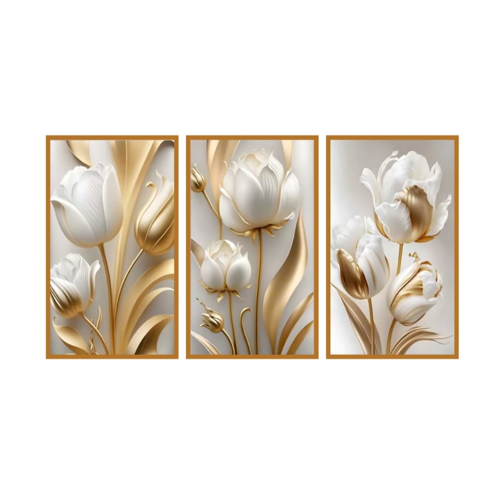 Quadro Decorativo 3 Peças 60×40 Flores Tulipas Brancas Douradas Premium Luxo Quarto Sala