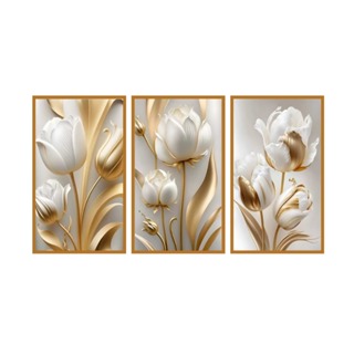Quadro Decorativo 3 Peças 60x40 Flores Tulipas Brancas Douradas Premium Luxo Quarto Sala em Oferta na Shopee