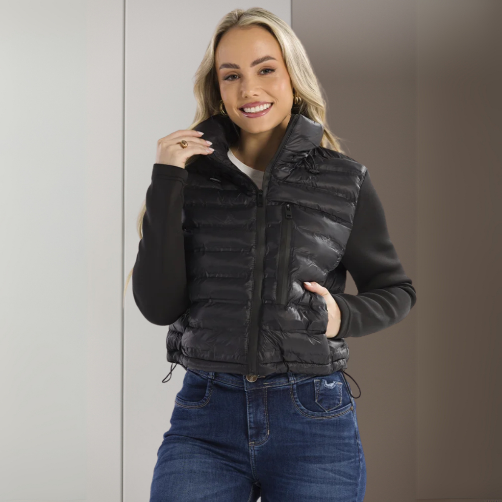 Jaqueta Feminina Bobojaco Puffer com Capuz Removível Nylon Repele Líquido Manga Longa Bolsos