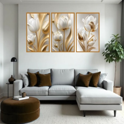 Quadro Decorativo 3 Peças 60x40 Flores Tulipas Brancas Douradas Premium Luxo Quarto Sala