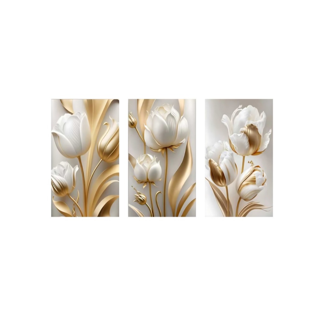 Quadros Decorativos Sala 3 Peças 50x30 Flores Tulipas Brancas Gold Flor 4k Premium em Oferta na Shopee