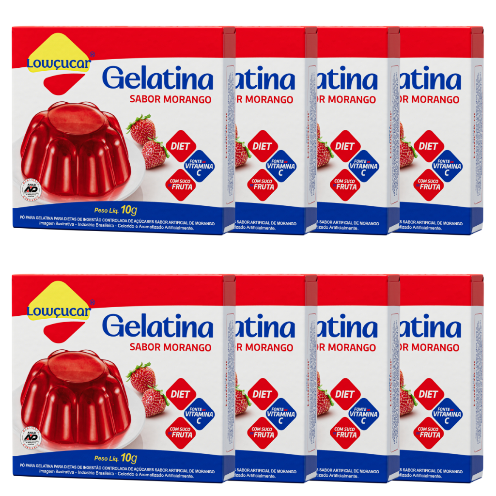 Gelatina Lowçucar Zero Açúcares Baixo teor de Sódio doces Diet Sabor Morango 10G, Kit com 8 Unidades