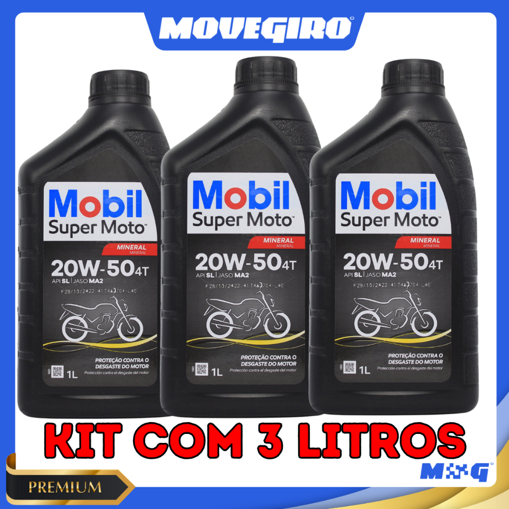 Detalhes do Kit 3 Litros Óleo Mobil 20W50 Mineral Super Moto 4 Tempos  Honda Yamaha Suzuki Shineray Original