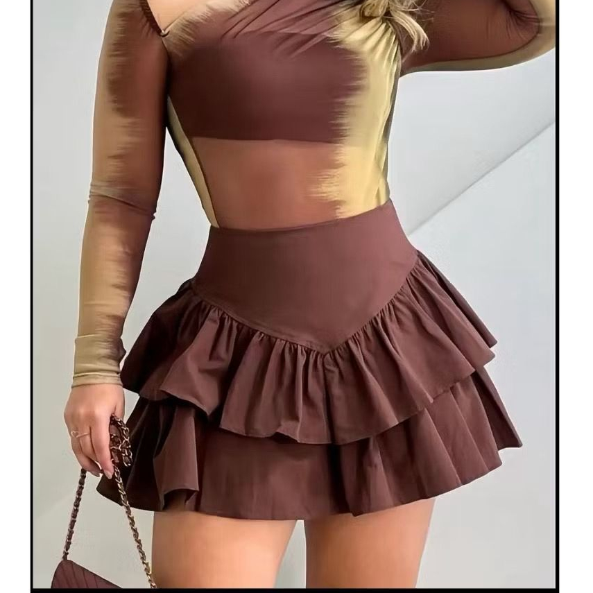 Saia Babado Rodada Zíper Gringa Curta Cintura Alta Tendência Do Momento 2025 em Oferta na Shopee