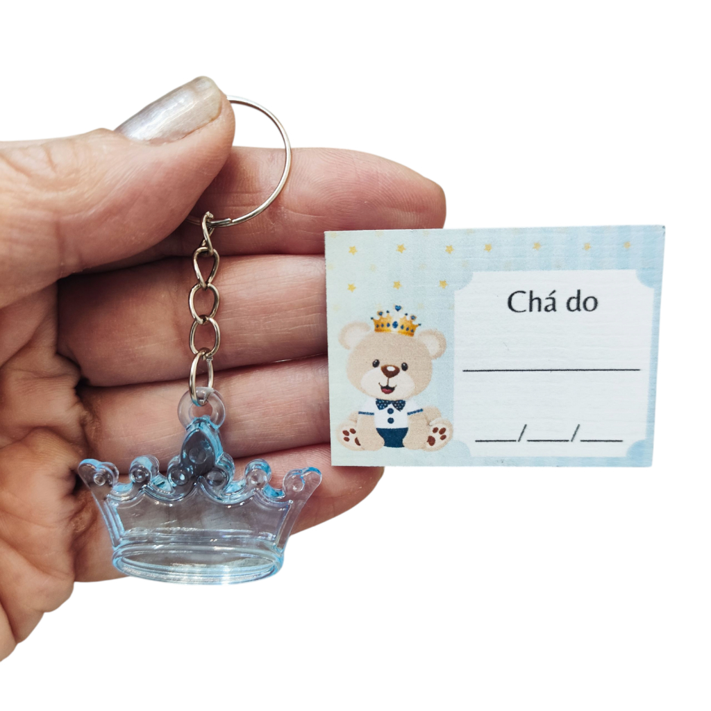 Lembrancinha Chá De Fralda Chá De Bebê Menino Coroa Azul Chaveiro + Tags - 50 Unidades