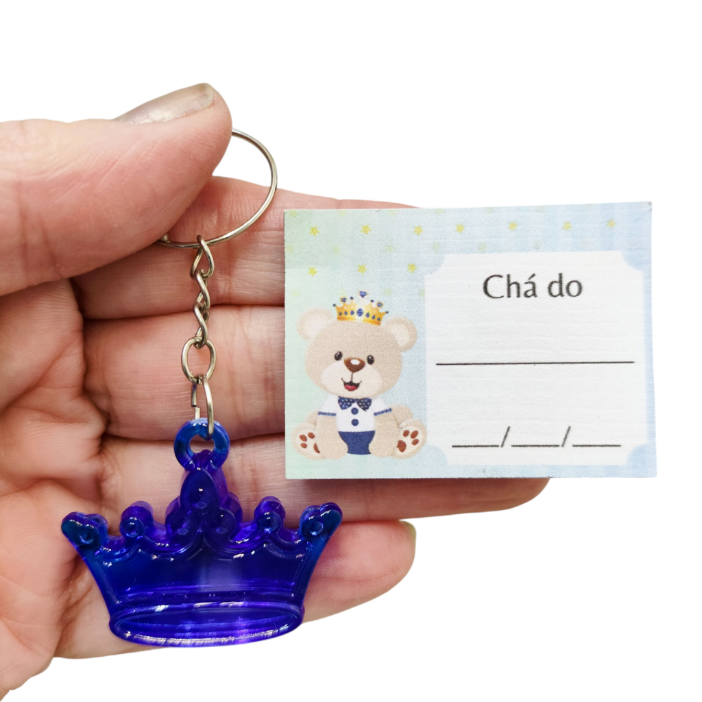 Lembrancinha Chá De Bebê Chá De Fralda Menino Coroa Azul Bic Chaveiro + Tags - 50 Unidades