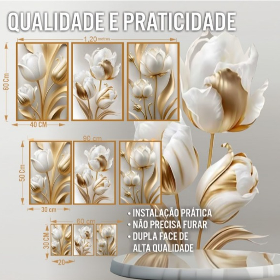 Quadros Decorativos Sala 3 Peças 50x30 Flores Tulipas Brancas Gold Flor 4k Premium