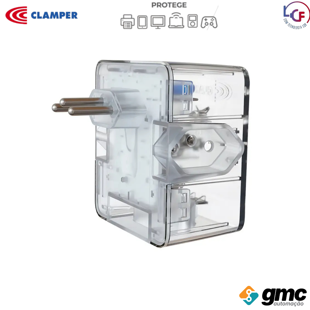 Protetor Dps Energia 3 Tomadas 10A Tecnologia LCF Transparente e Preto - Clamper