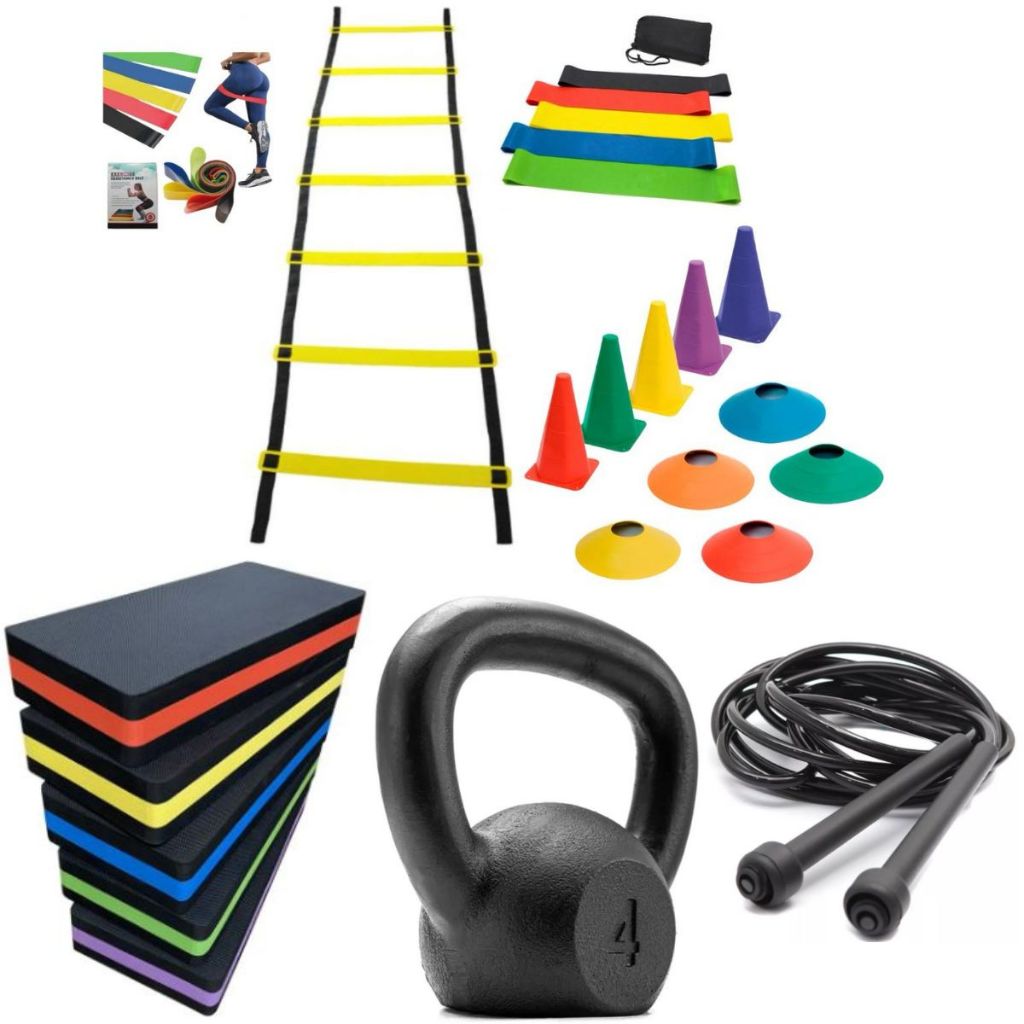 Combo Treino Funcional Agilidade 1 Step Grande 1 Kit Miniband 1 Corda 1 Kettlebel 4kg Pintado