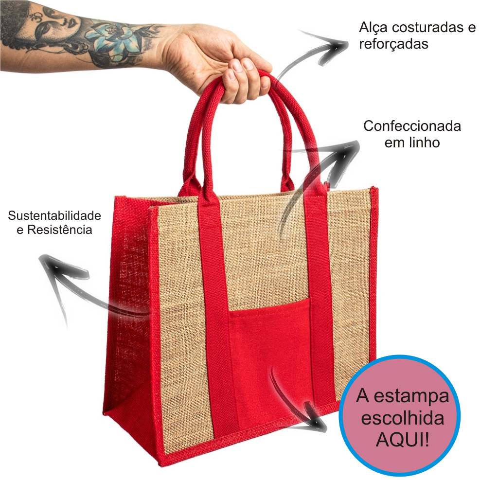 Sacola de juta Ecobag com bolso de Linho Personalizada com Nome Sustentável e Resistente Várias Estampas — imagem 2 de 2