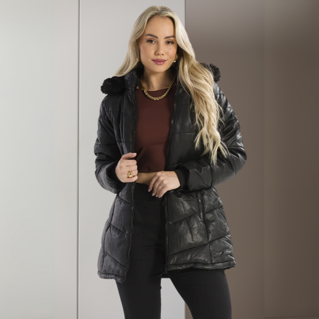 Jaqueta Feminina Couro Sintético Sobretudo PU com Capuz Removível Punho Canelado Ecológico