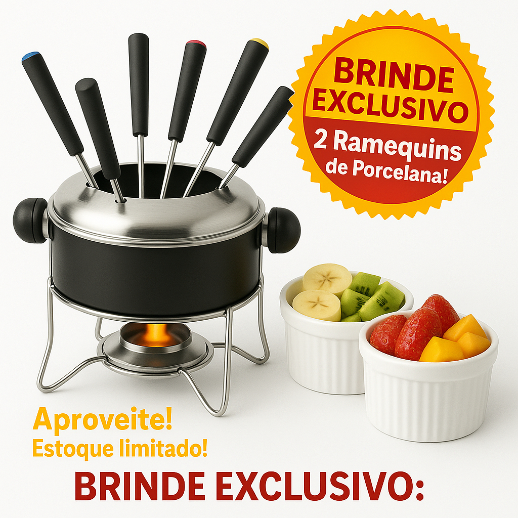 Kit Panela Fondue 1L Aparelho 10 peças Conjunto Inox com 2 Ramequins 100ml Porcelana Brind...