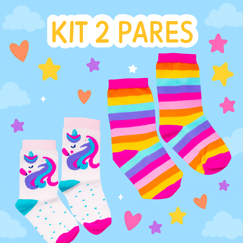KIT 2 Pares Meia Infantil Menina Cano Longo Estampada Feminina Delicada Promoção
