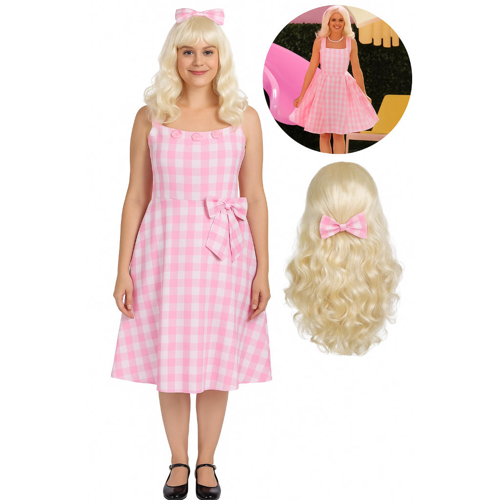 Vestido Fantasia Da Barbie Adulto O Filme + Peruca Loira Com Laço Rosa