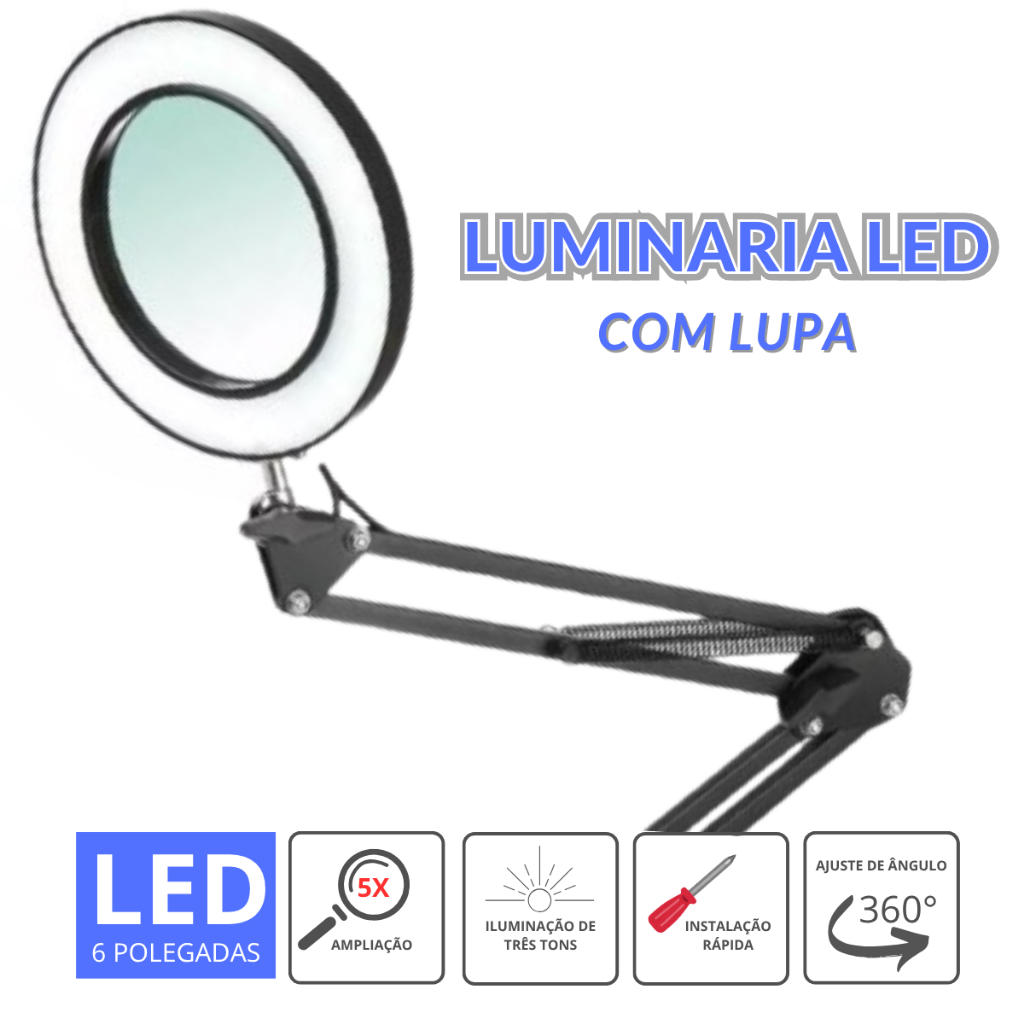 Luminária com Lupa LED Articulável 3 Cores Regulável Mesa Bancada Profissional