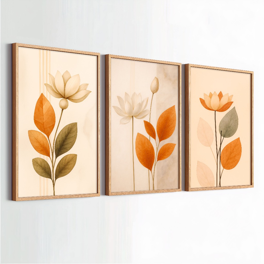 Kit 3 Quadros Decorativos Com Moldura Folhagem Moderno Luxo Para Sala Quarto