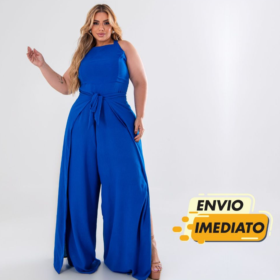 Macacão Pantalona Plus Size Longo Elegante Feminino Envelope Liso EXG Plus Size Curve