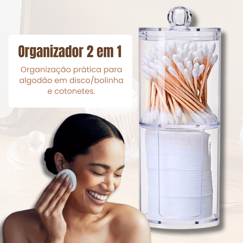 Porta Algodão e Cotonete Duplo em Acrílico Transparente | Organizador 2 em 1 com Tampa – SQ7750
